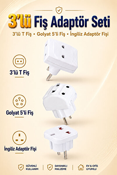 Badem10 3'lü Fiş Adaptör Seti T Golyat 5'li Fiş İngiliz Fişi Beyaz Seyahat Pr...