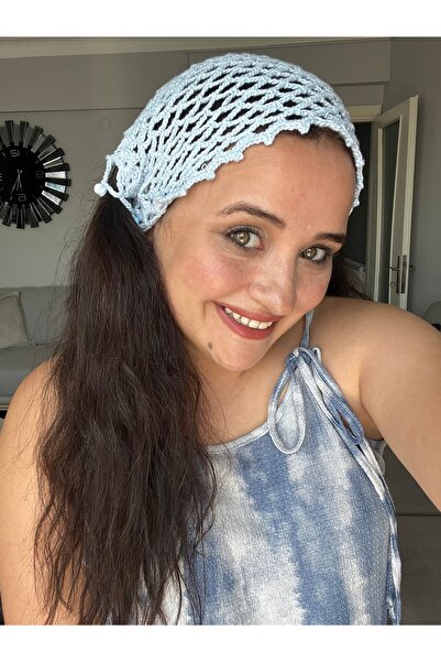 GUVDİN El Yapımı Örgü Bohem Mavi File Yazlık Bere, Yazlık Şapka, Bandana, Tok...