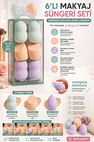 MAKRİ HOME Pastel Mint 6'lı Makyaj Süngeri Seti – 4 x 6 cm
