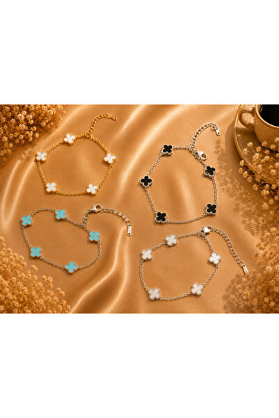 JAMMY JEWERLY 4'lü Yonca Figürlü Çelik Bileklik Kombini – Siyah, Beyaz, Turku...