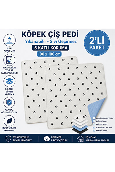 CDE Köpek Çiş Pedi 100x100 cm 2'li Paket Yıkanabilir Sıvı Geçirmez 5 Katlı Kö...