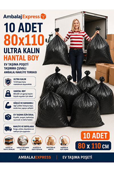Ambalaj Express.com.tr 10 Adet 80x110 Kalın Hantal Boy Ev Taşıma Poşeti Taşın...