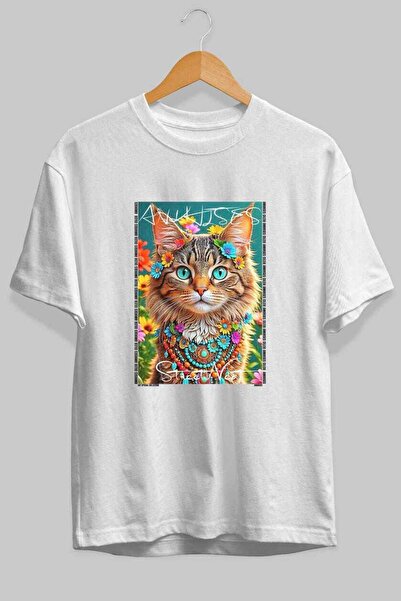 Ankhises For the Love of Cats 93 Front Cat Printed White Oversize T-Shirt 100...