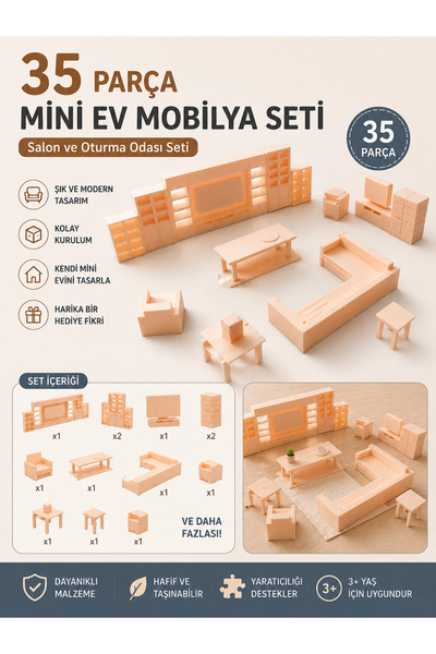 Tofu 35 Parça Minyatür Mobilya Seti – Oyuncak Ev Aksesuarları