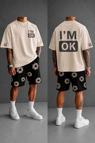 LOTS MODA Men's I'M Ok Printed Oversize 100% Cotton T-Shirt Shorts Set