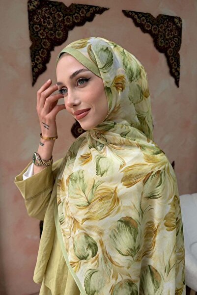 Hazamoda Lily Silk Patterned Shawl Oil Green