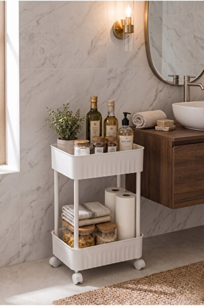 ESSEN DESİGN Premium Çift Katlı Tekerlekli Banyo Ve Mutfak Düzenleyici Raf Or...