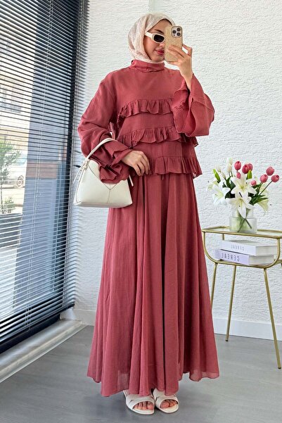 MELEK ARAZ Premium Ruffle Detailed Siena Muslin Skirt Set - Dusty Rose