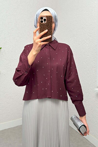 zhrcelebi Nervürlü Taşlı Kısa Gömlek 2263 - Bordo
