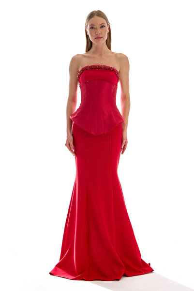 Elbisemhazır Taş İşlemeli Straplez Korse Detaylı Peplum Balık Abiye Elbise