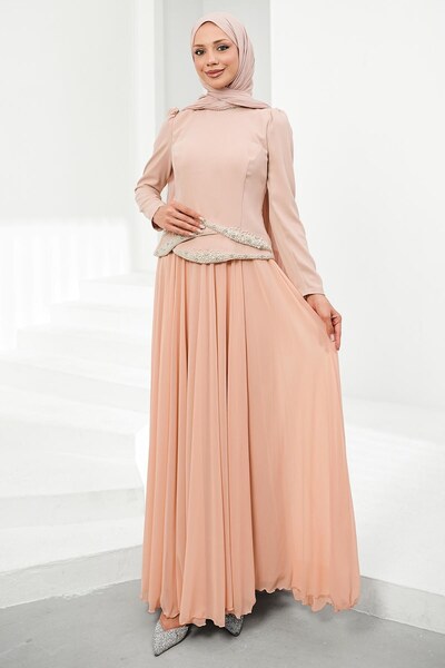 İmajButik Powder Pearl Embroidered Evening Dress
