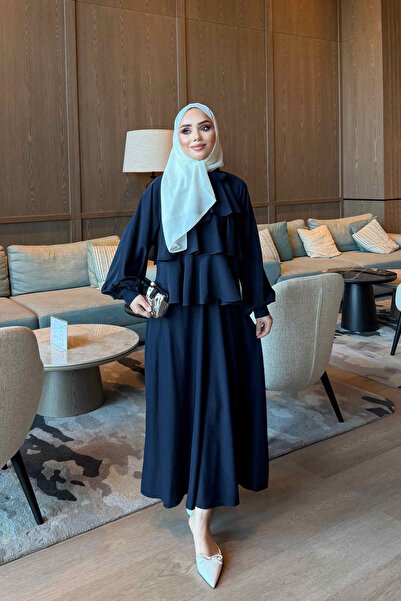 İmajButik طقم تنورة مطوية بياقة مربوطة باللون الأزرق الداكن