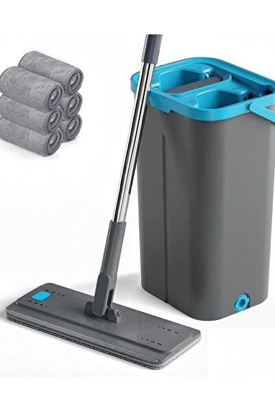 OEM Mop plat cu găleată, set cu 6 capete din microfibră, cu storcător, 140 cm