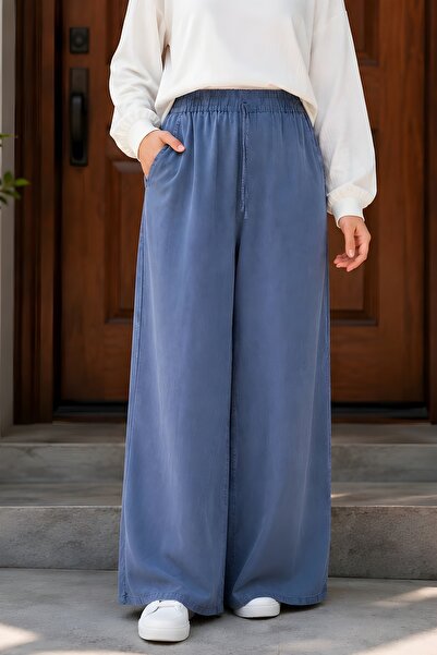 İmajButik Μπλε παντελόνι Tencel με διπλές τσέπες και ελαστική μέση