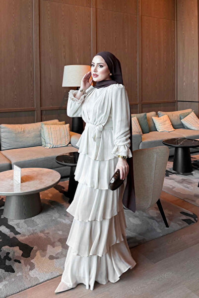 İmajButik Beige Layered Skirted Evening Dress