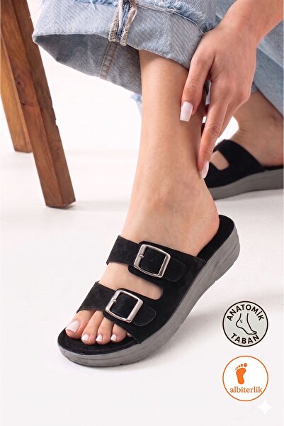 AlbiShoes Papuci de vară pentru femei, din nubuck, cu toc ușor de 3 cm, anato...