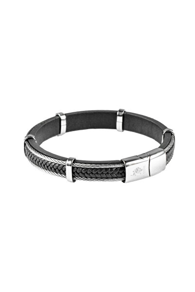 U.S. Polo Assn. Βραχιόλι από γνήσιο δέρμα με πλεξούδα, ατσάλινες αλυσίδες και...