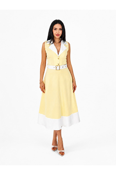 vulgariromania Rochie midi elegantă de damă, cu curea inclusă, fără mâneci, c...