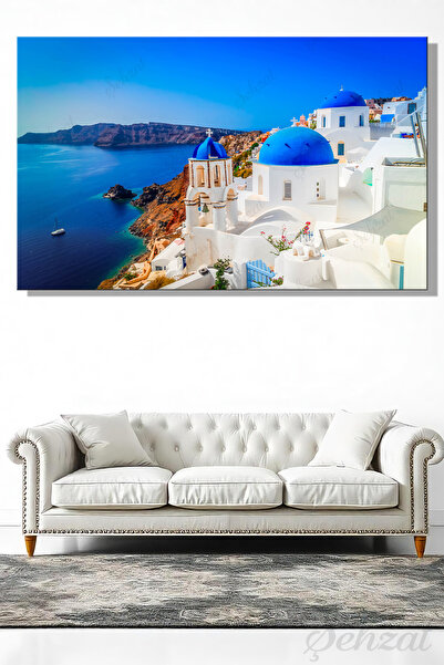 Şehzat Kanvas Duvar Tablosu Yatay Tekli Salon Ofis Yunanistan Santorini Mavi ...