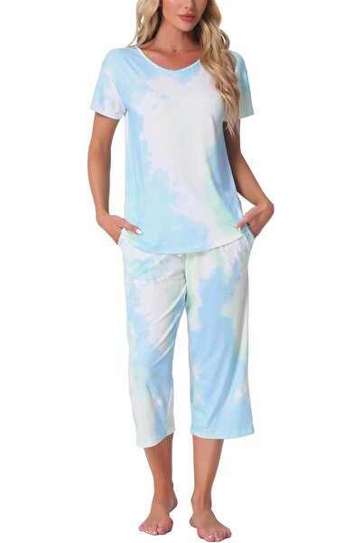OEM Cheibear Pijama Dama Set Două Piese Tricou Mâneci Scurte Pantaloni Albast...