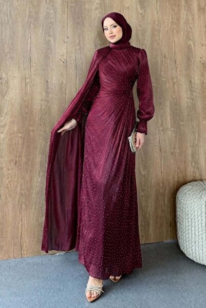 Şulemoda Giyim فستان سهرة بتفاصيل حجرية باللون العنابي