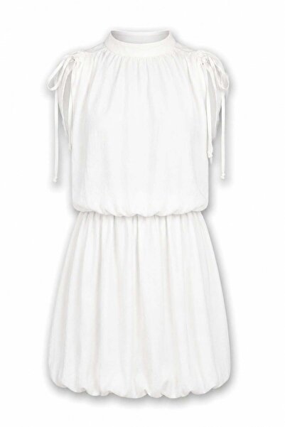 5in1Canpolat White High Neck Draped Dress 26Y058