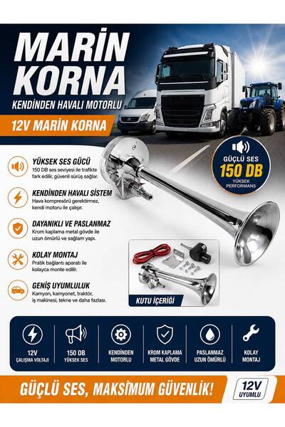 KUZEY AKSESUAR MARİN KORNA 12V KENDİNDEN MOTORLU YÜK SES KALİTESİ KROM KAMYON...