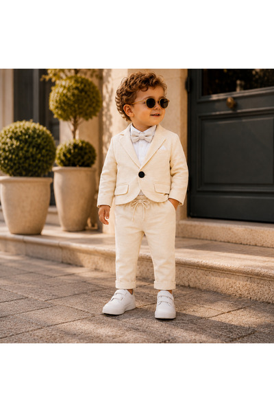 Bebelul Costum bebe baieti 100% bumbac crem sacou camasa cu body papion si pa...