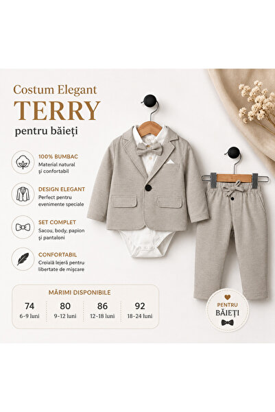 Terry Costum bebe baieti 100% bumbac gri deschis sacou camasa cu body papion ...