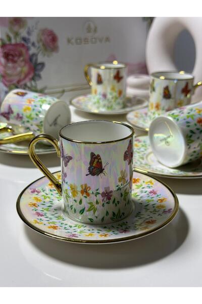 Kosova 6-Person Turkish Coffee Cup Set with Pearlescent Butterfly Motif