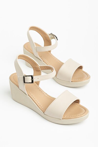 Dilimler Ayakkabı Women's Wedge Heeled Sandals Beige Thick Strapped with Safe...