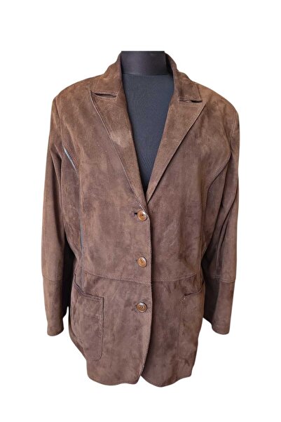 asus deri Genuine Suede Leather Detailed Women's Brown Blazer Jacket