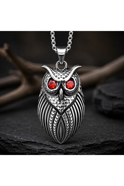 voyageaccessory Stainless Steel Wisdom Symbol Red Zircon Stone Owl Pendant