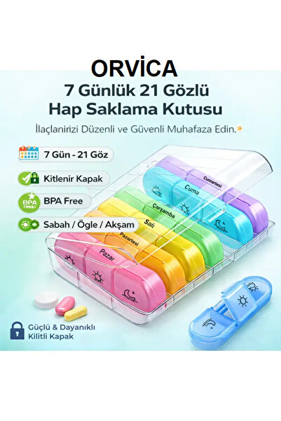 ORVİCA 7 Günlük 21 Gözlü Haftalık İlaç Hap Saklama Kutusu Kitlenir Kapaklı BP...