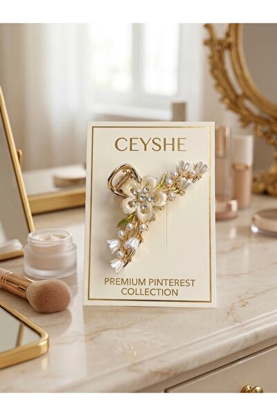 CeyShe مشبك شعر معدني مطلي بالذهب مستورد من بيرنتيس بيرلز، مزين بزهور بيضاء