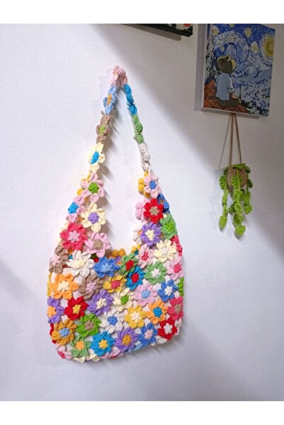 ARTTMACRAME Πλεκτή τσάντα με λουλούδια, μεγάλου μεγέθους, χειροποίητη καλοκαι...