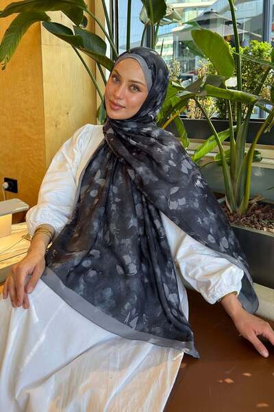 lamelif Floral Pattern Lara Soft Shawl Black