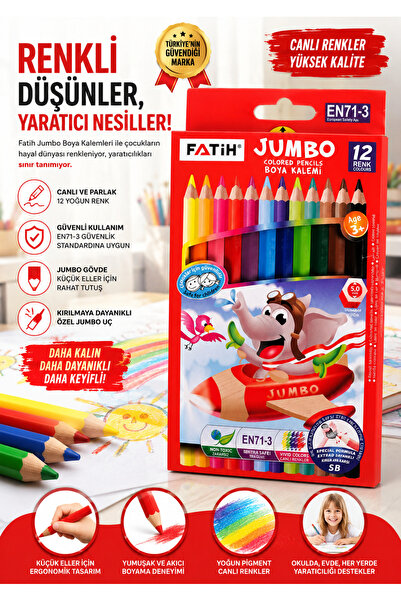 Fatih 12 Renk Jumbo Kuru Boya Kalemi Küçük Eller İçin Kolay Tutuş Sağlıklı Gü...