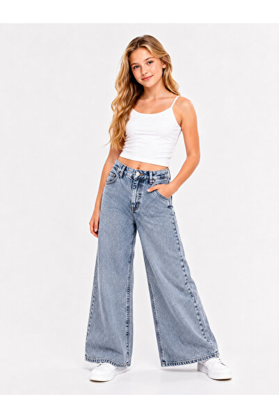 BABİDO Kız Çocuk Bol Paça Jean Pantolon Wide Leg %100 Pamuklu Rahat Kesim Gün...