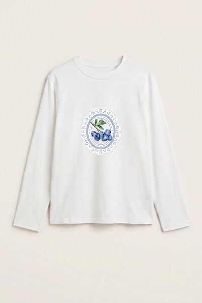 GIA - ART Tricou cu mânecă lungă pentru femei, alb cu imprimeu albastru porțe...