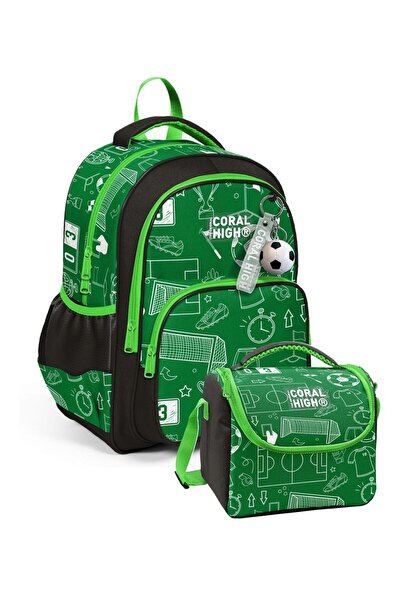 Coral High Set ghiozdan și set de prânz pentru băieți - Imprimeu verde cu fot...