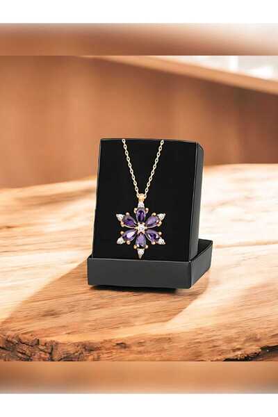 Store Altın Renk Mor Damla Taşlı Lotus Kamelya Çiçeği Çelik Kolye