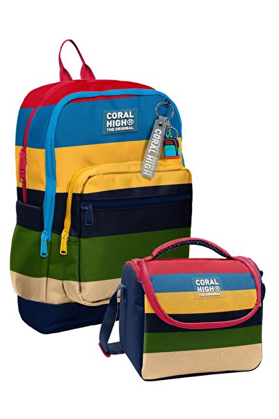 Coral High مجموعة حقيبة ظهر وحقيبة غداء للأولاد بنمط خطوط متعددة الألوان (حقي...
