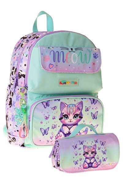 KAUKKO Kids Meow Green - Purple Σετ Σακίδιο Πλάτης και Τσάντα Μολυβιών για Κο...