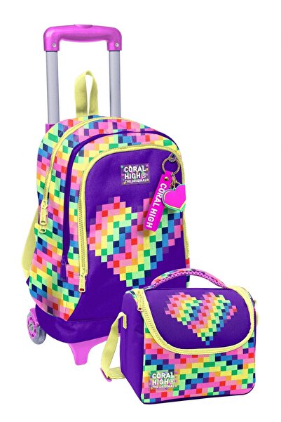 Coral High Primary School Trolley Bag and Lunch Set - Girls - Purple Pixel He...