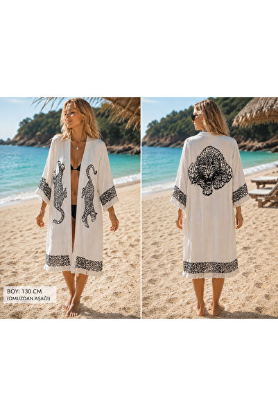 Store Leopar Desenli Müslin Kimono Plaj Kaftanı 130 cm – Oversize Kesim, Püsk...