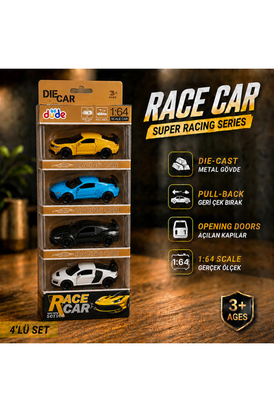 dude 4'lü Die Cast Metal Spor Araba Seti – 1:64 Ölçek - Çek Bırak Mekanizmalı...