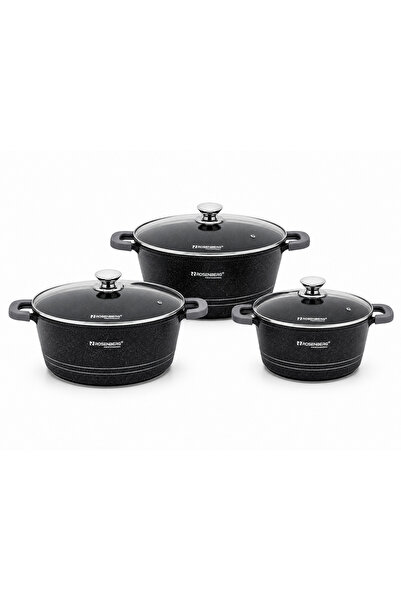 ROSENBERG Set 3 cratițe antiaderente cu capac sticlă, 36/40/44 cm, aspect granit
