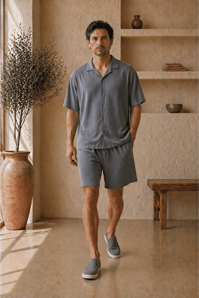 MYDARKSTYLE Men's Short Sleeve Wrinkled Shirt Shorts Set