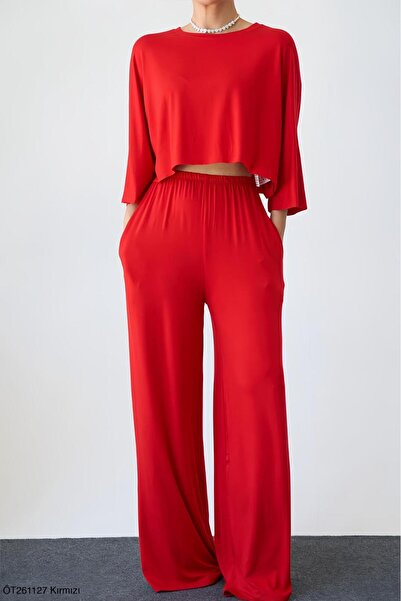 CADDELAMODA Women's Bat Sleeve Crop Top Elastic Waist Pants Modal Top-Down Set